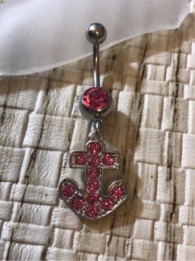 Pink gem Anchor dangle belly button ring navel ring piercing 14 gauge new